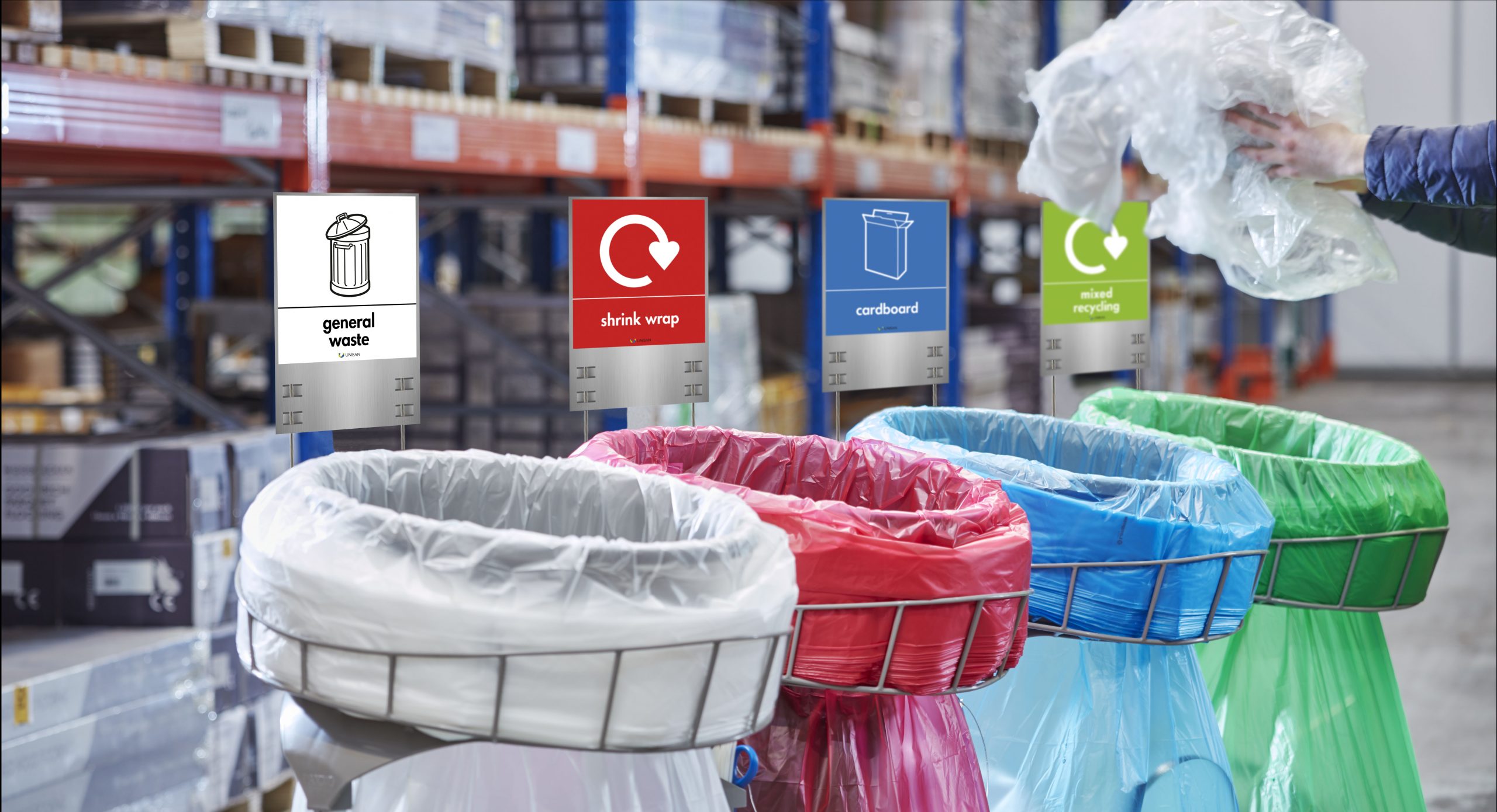 LONGOPAC warehouse recycling bins WITH SIGNS and labels