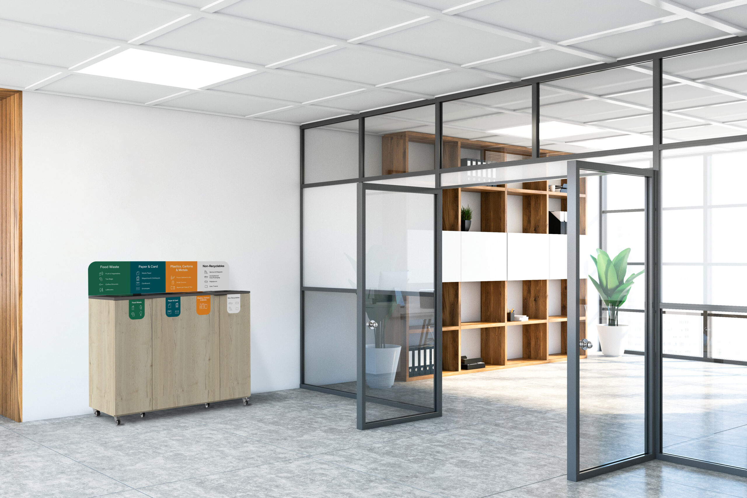 Unisort Aspire Recycling Station with 4 units Interior of office hall with white and glass walls, concrete floor, wooden bookcase and vertical mock up poster frame. Concept of advertising. 3d rendering