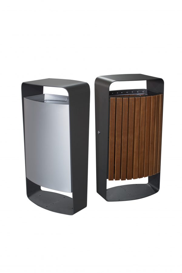 metal and wooden outdoor recycling bin