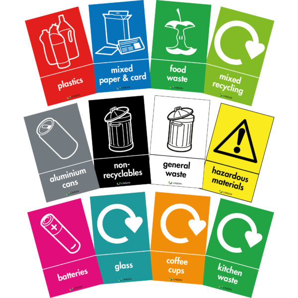 labels for recycling bins and waste bins in wrap colours and symbols